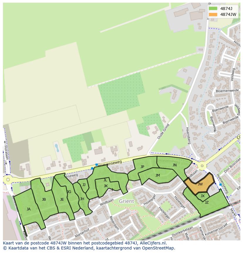Afbeelding van het postcodegebied 4874 JW op de kaart.