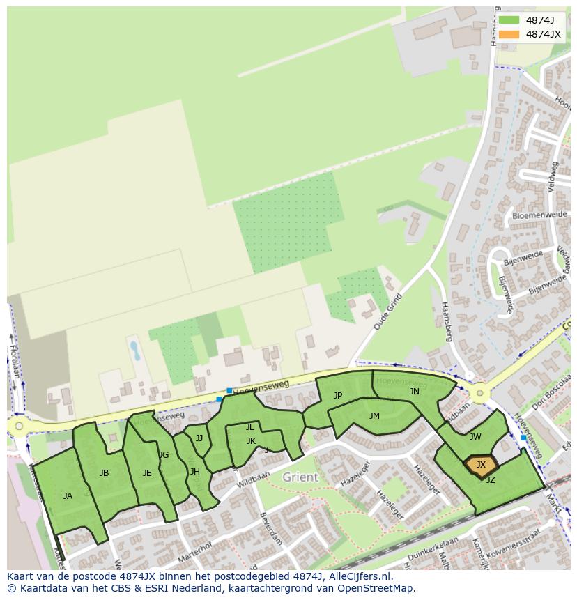Afbeelding van het postcodegebied 4874 JX op de kaart.