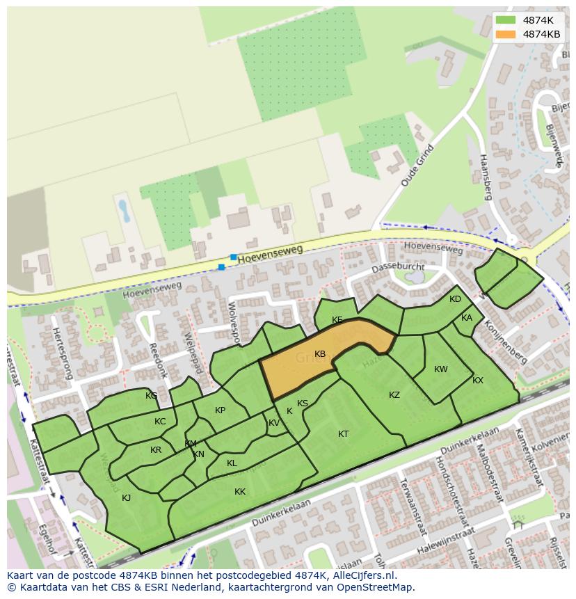 Afbeelding van het postcodegebied 4874 KB op de kaart.