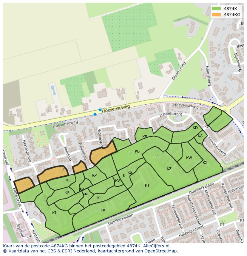 Afbeelding van het postcodegebied 4874 KG op de kaart.