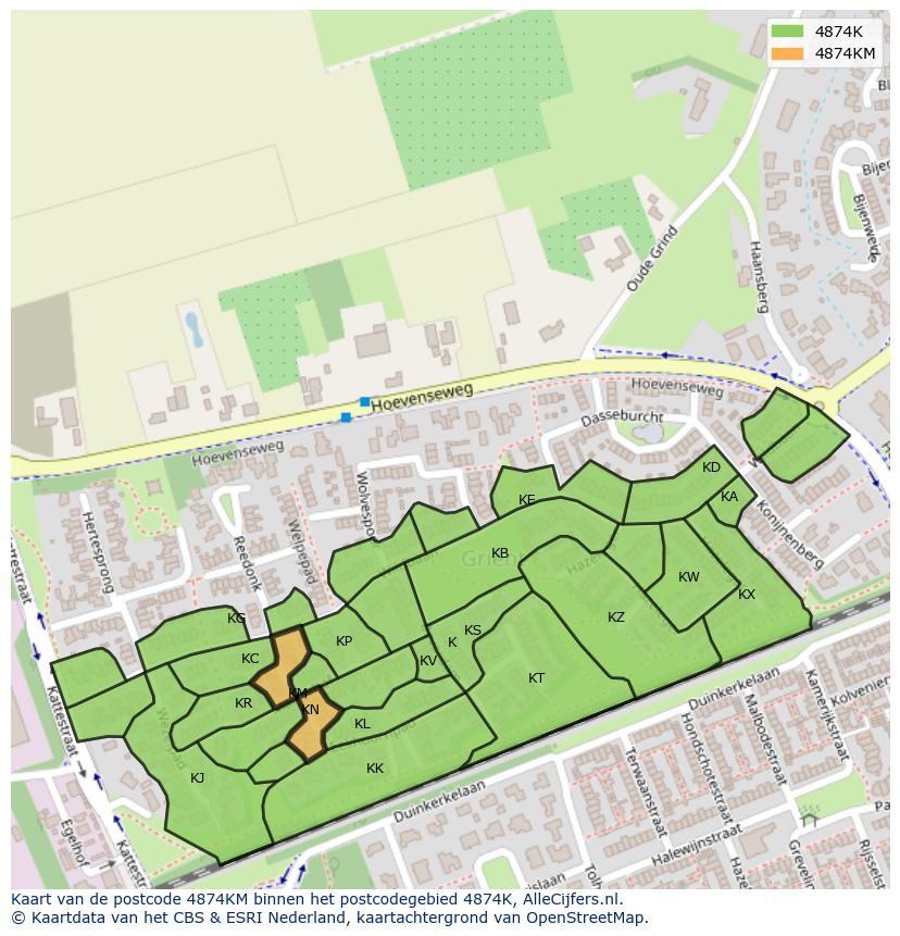 Afbeelding van het postcodegebied 4874 KM op de kaart.