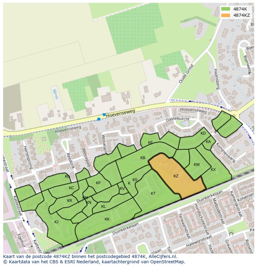 Afbeelding van het postcodegebied 4874 KZ op de kaart.