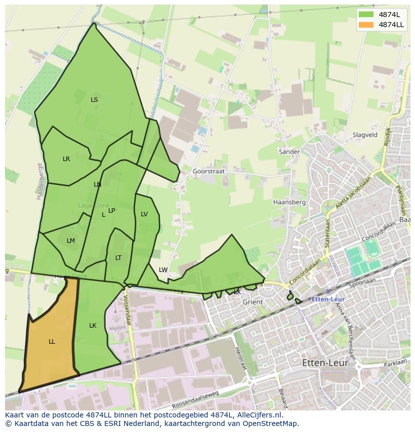 Afbeelding van het postcodegebied 4874 LL op de kaart.