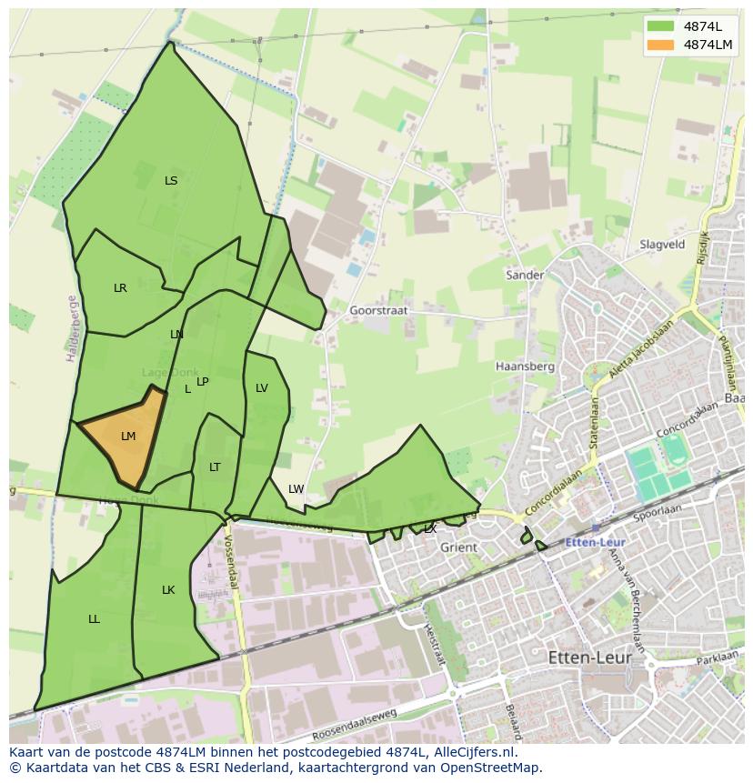 Afbeelding van het postcodegebied 4874 LM op de kaart.