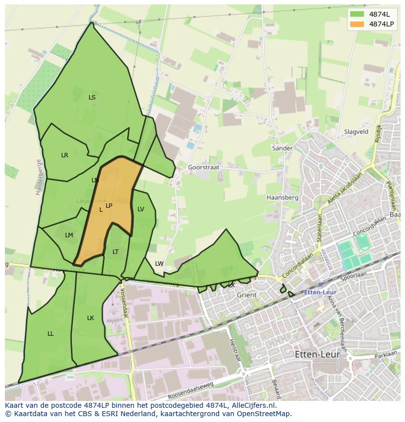 Afbeelding van het postcodegebied 4874 LP op de kaart.