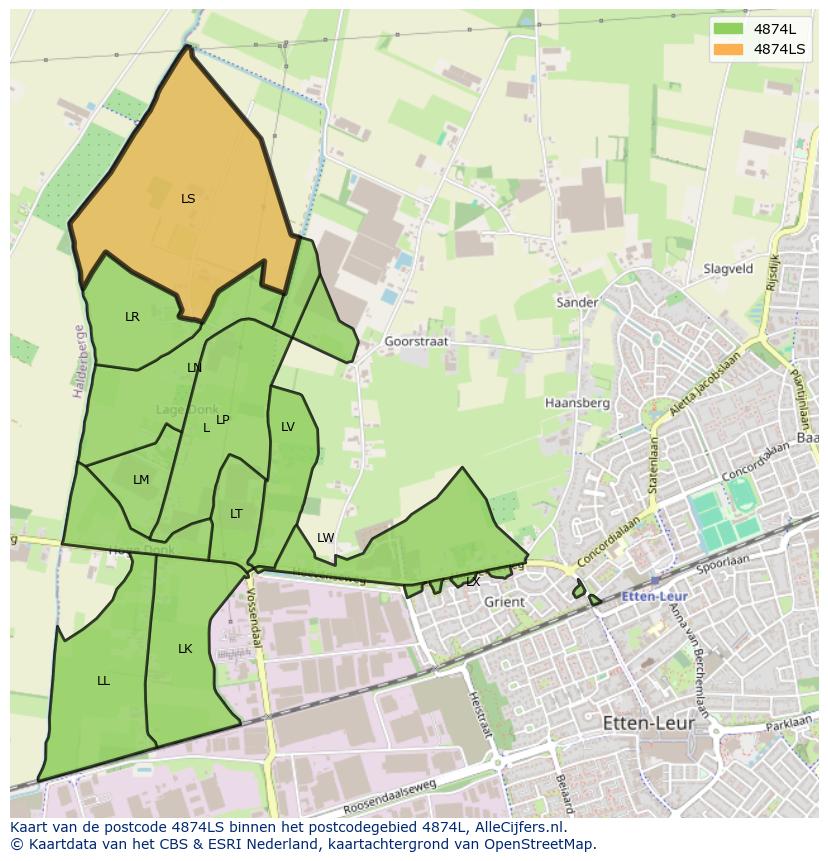 Afbeelding van het postcodegebied 4874 LS op de kaart.