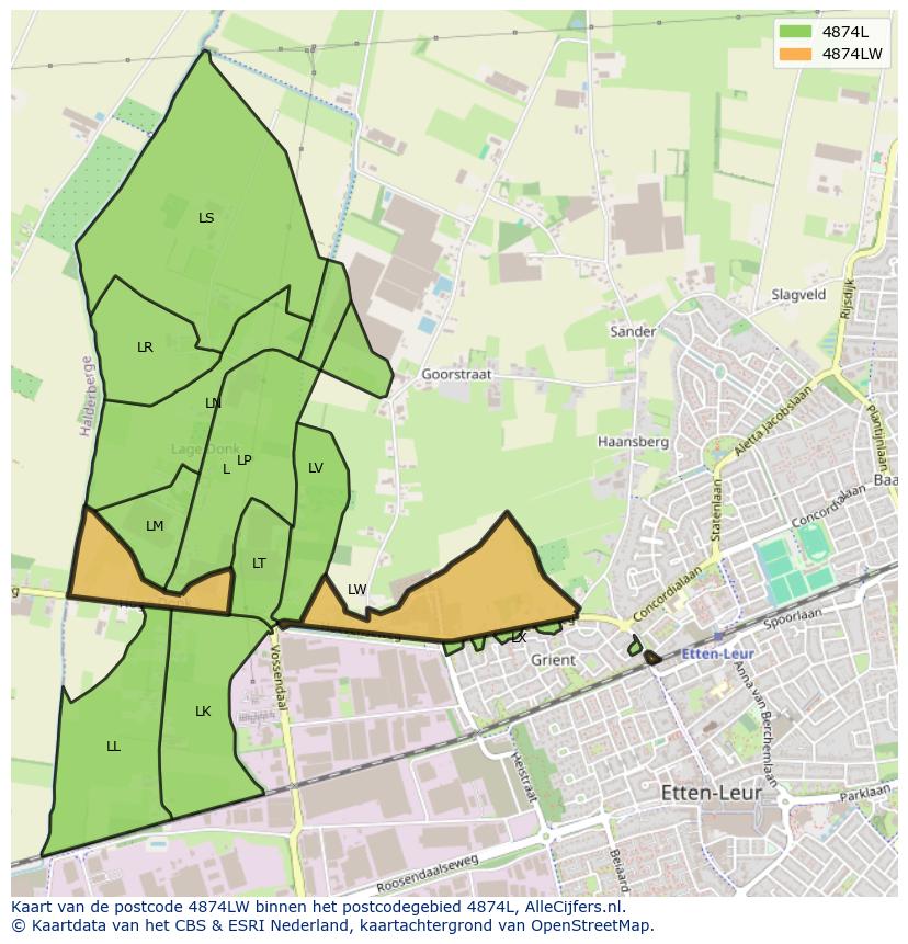 Afbeelding van het postcodegebied 4874 LW op de kaart.