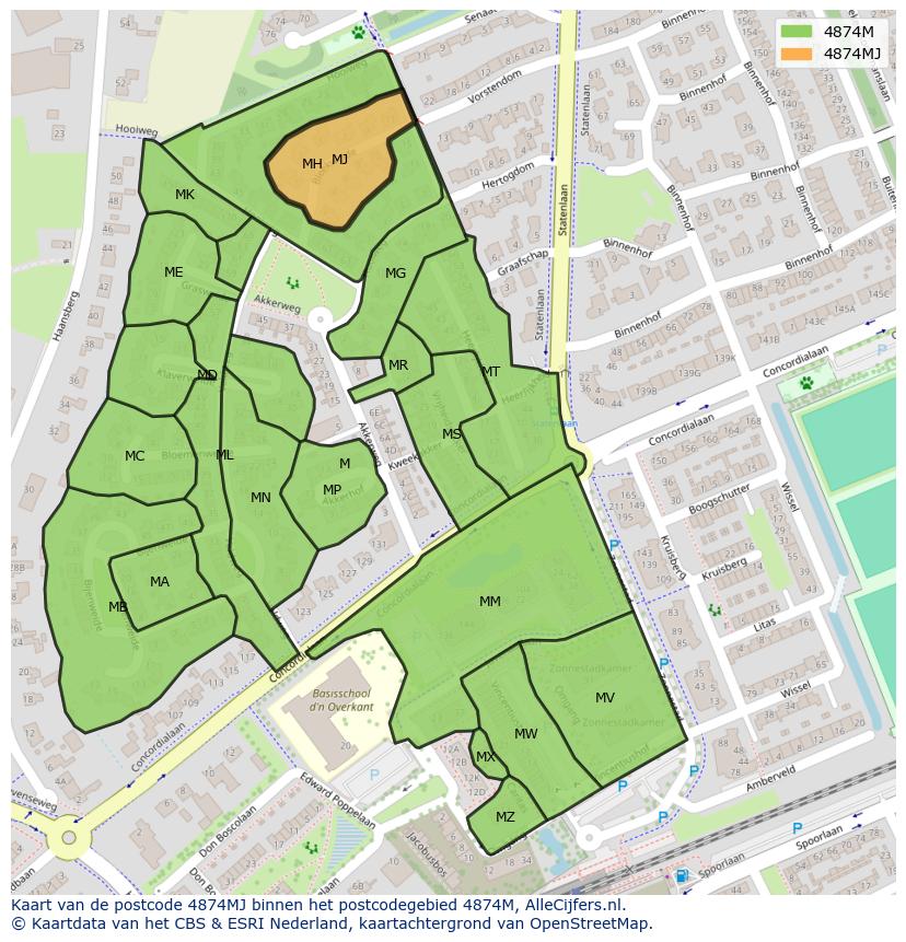 Afbeelding van het postcodegebied 4874 MJ op de kaart.