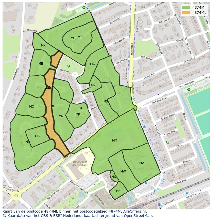 Afbeelding van het postcodegebied 4874 ML op de kaart.