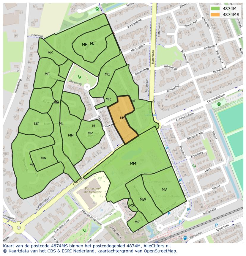 Afbeelding van het postcodegebied 4874 MS op de kaart.