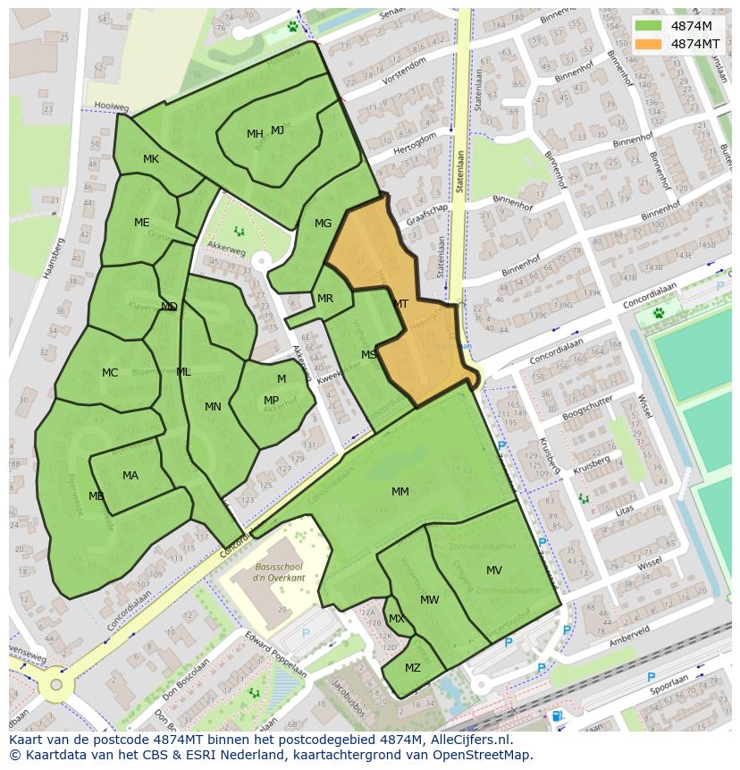 Afbeelding van het postcodegebied 4874 MT op de kaart.