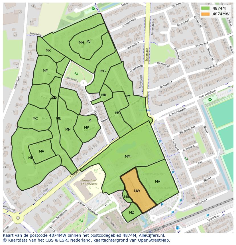Afbeelding van het postcodegebied 4874 MW op de kaart.