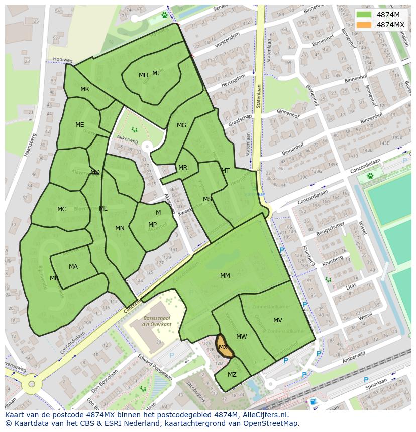 Afbeelding van het postcodegebied 4874 MX op de kaart.