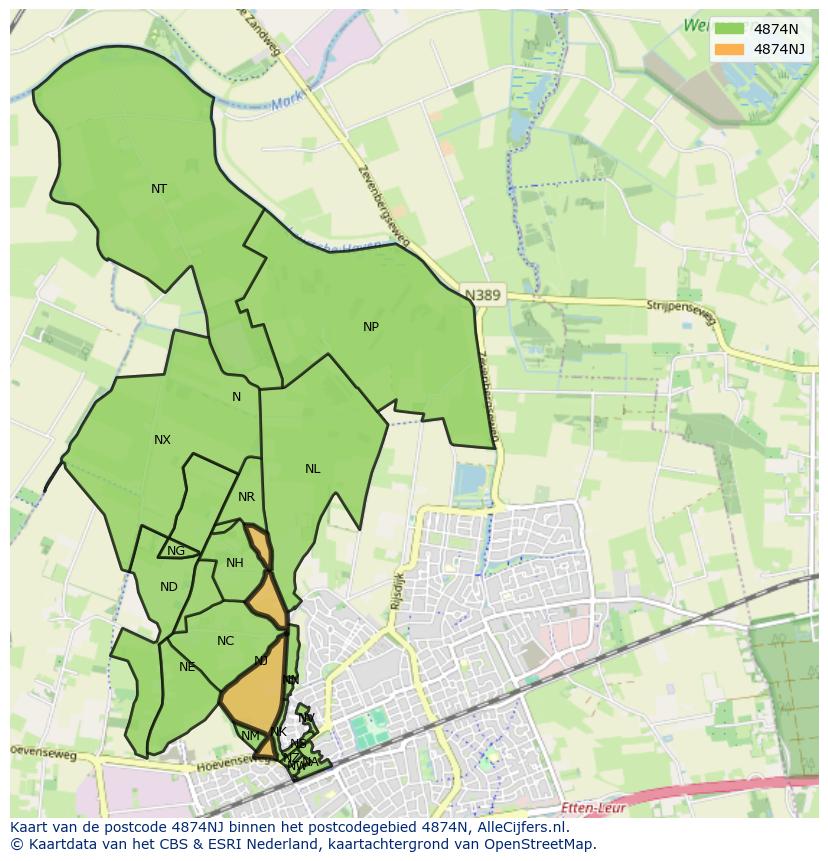 Afbeelding van het postcodegebied 4874 NJ op de kaart.