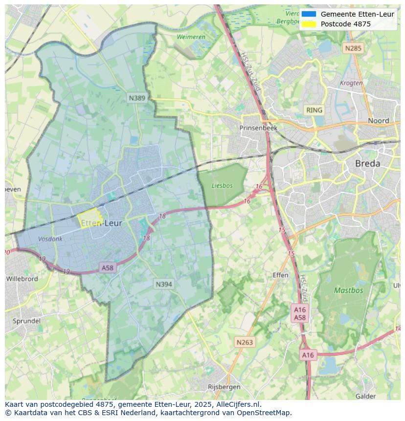 Afbeelding van het postcodegebied 4875 op de kaart.