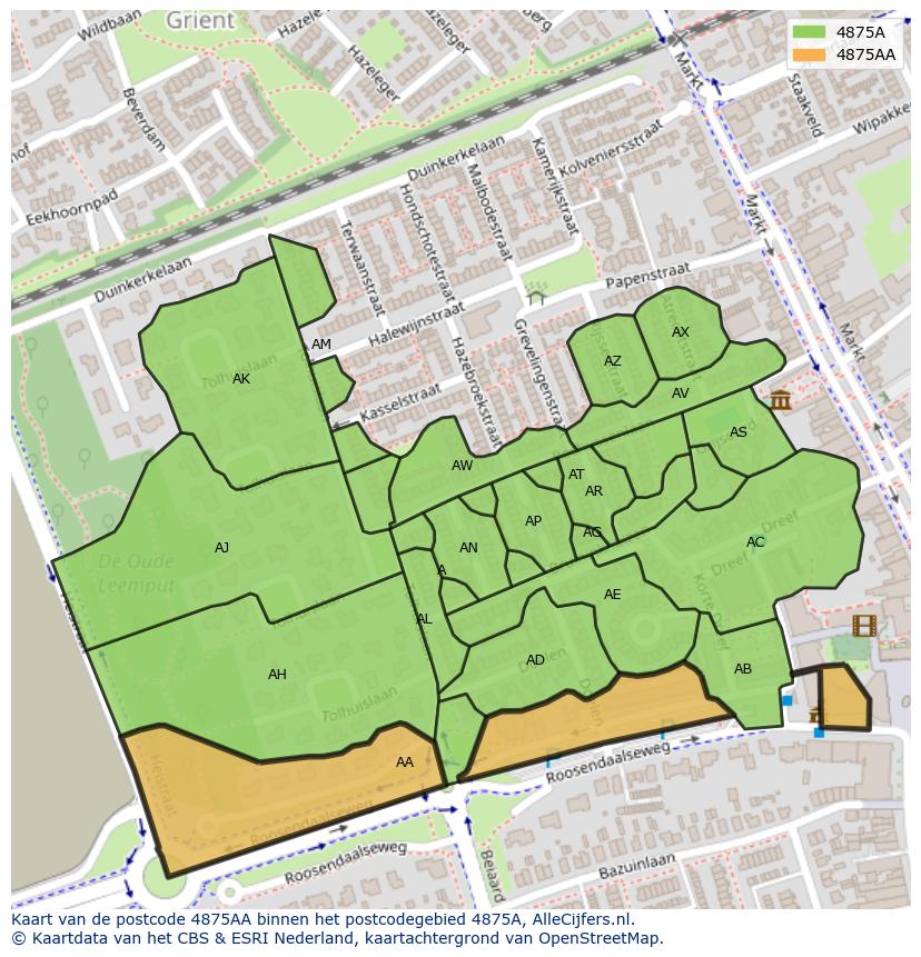 Afbeelding van het postcodegebied 4875 AA op de kaart.