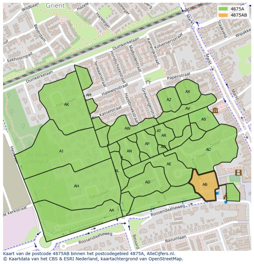 Afbeelding van het postcodegebied 4875 AB op de kaart.