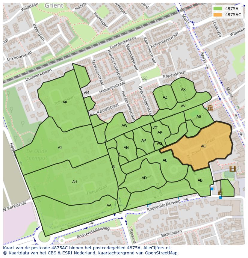 Afbeelding van het postcodegebied 4875 AC op de kaart.