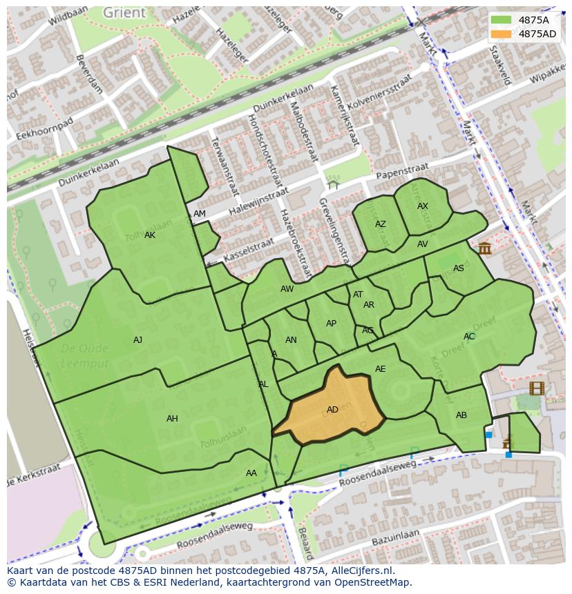 Afbeelding van het postcodegebied 4875 AD op de kaart.