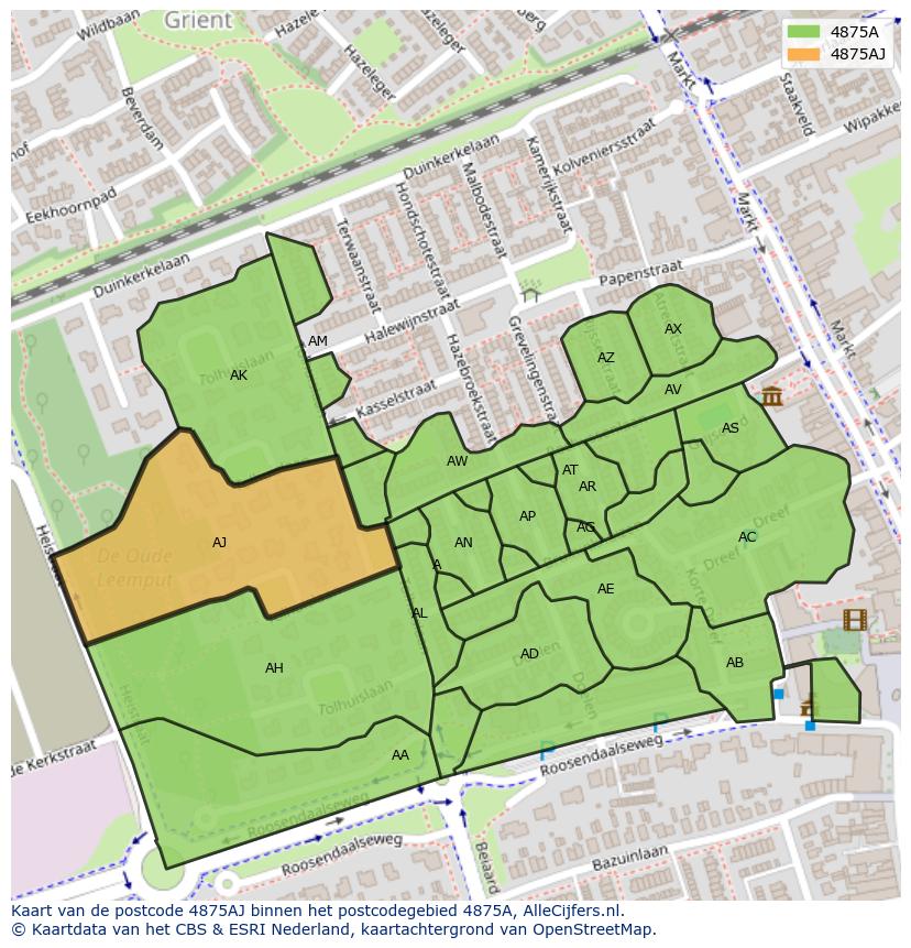Afbeelding van het postcodegebied 4875 AJ op de kaart.