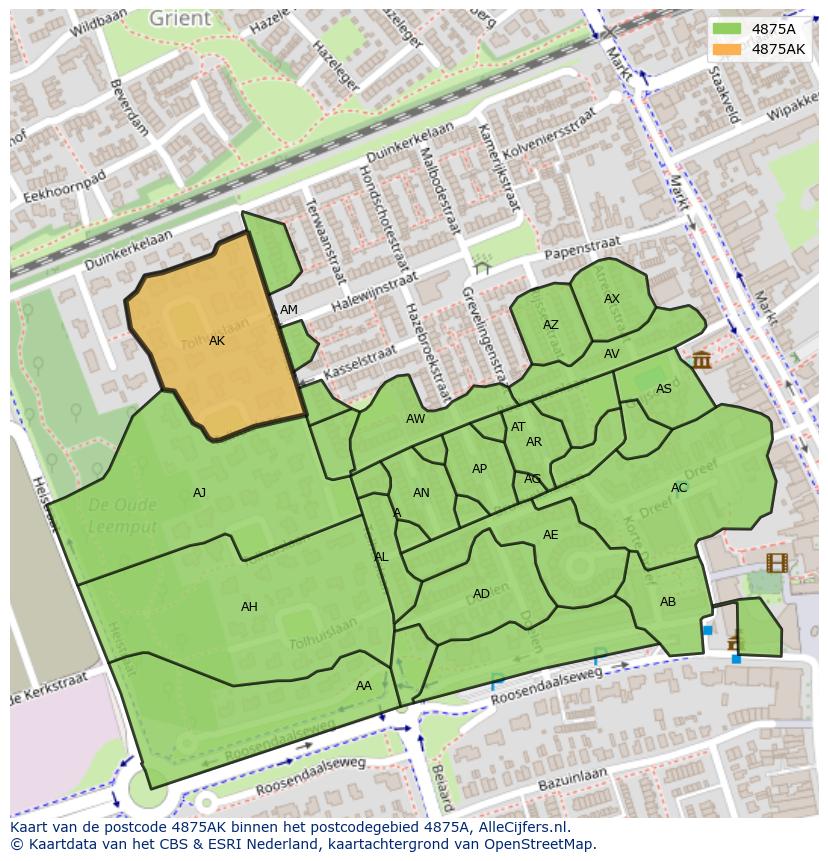 Afbeelding van het postcodegebied 4875 AK op de kaart.