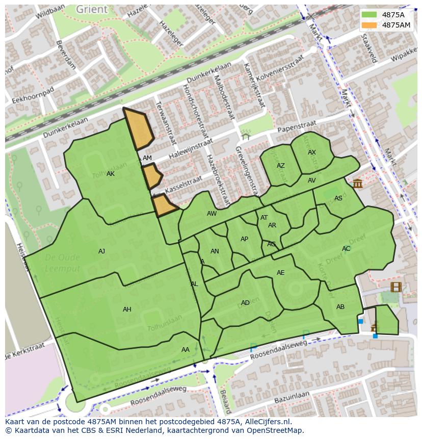 Afbeelding van het postcodegebied 4875 AM op de kaart.