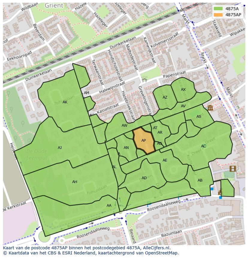 Afbeelding van het postcodegebied 4875 AP op de kaart.