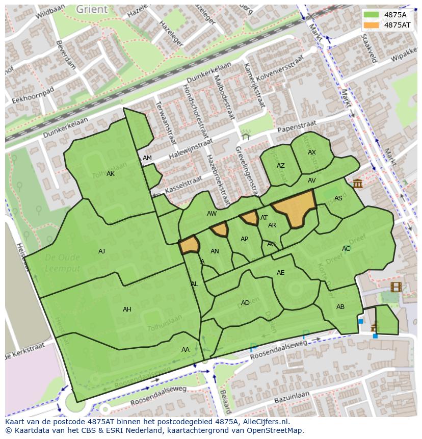 Afbeelding van het postcodegebied 4875 AT op de kaart.