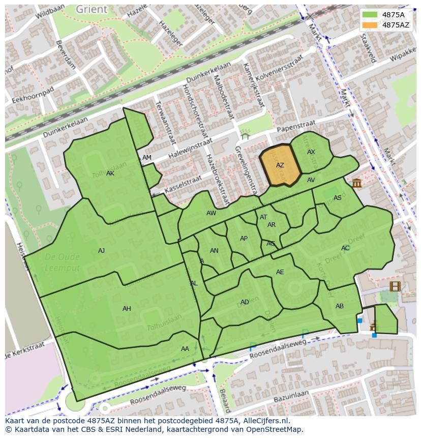 Afbeelding van het postcodegebied 4875 AZ op de kaart.