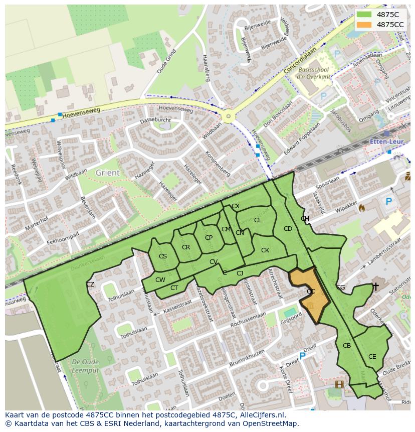Afbeelding van het postcodegebied 4875 CC op de kaart.