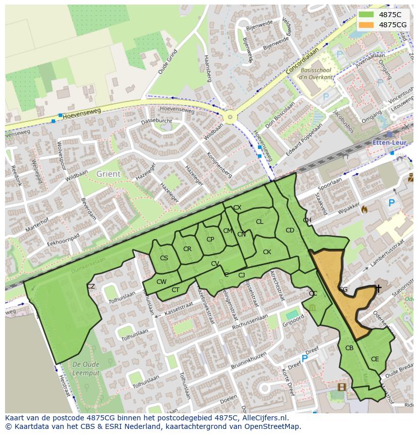 Afbeelding van het postcodegebied 4875 CG op de kaart.