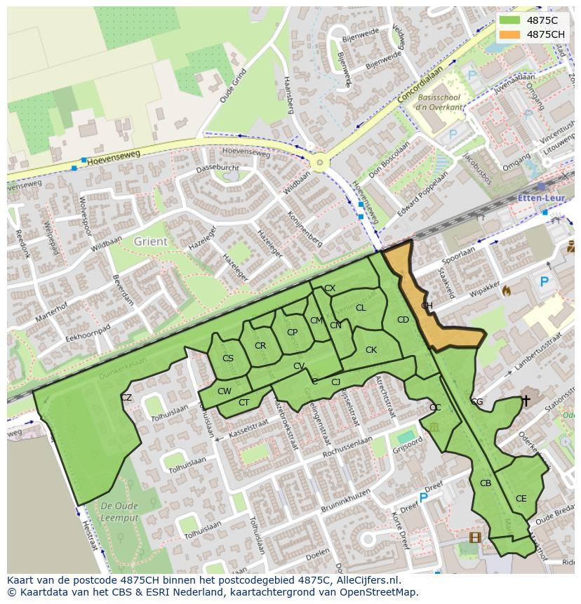 Afbeelding van het postcodegebied 4875 CH op de kaart.