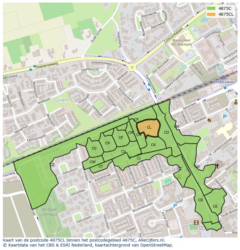 Afbeelding van het postcodegebied 4875 CL op de kaart.