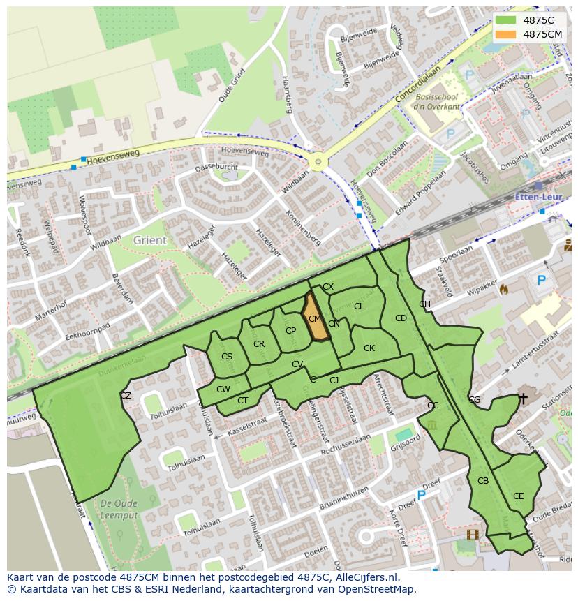 Afbeelding van het postcodegebied 4875 CM op de kaart.