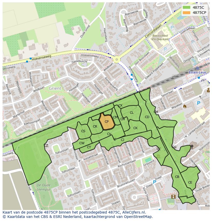 Afbeelding van het postcodegebied 4875 CP op de kaart.