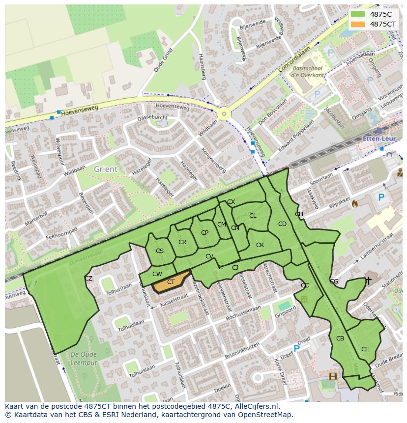 Afbeelding van het postcodegebied 4875 CT op de kaart.