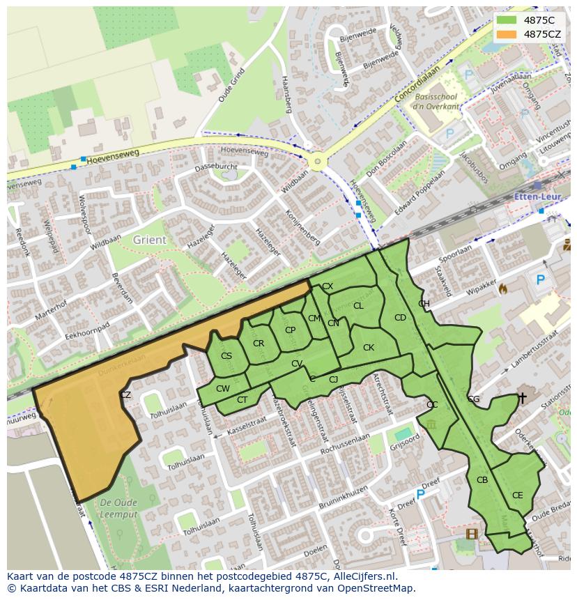 Afbeelding van het postcodegebied 4875 CZ op de kaart.