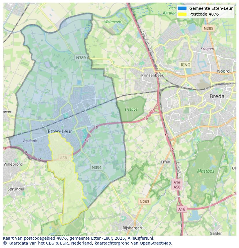 Afbeelding van het postcodegebied 4876 op de kaart.