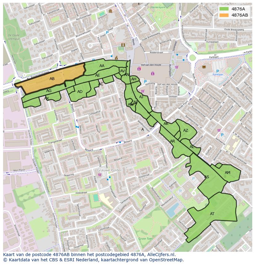 Afbeelding van het postcodegebied 4876 AB op de kaart.