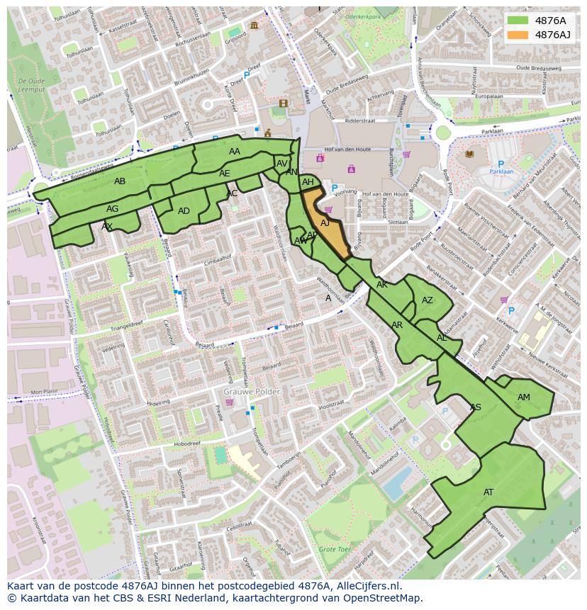 Afbeelding van het postcodegebied 4876 AJ op de kaart.