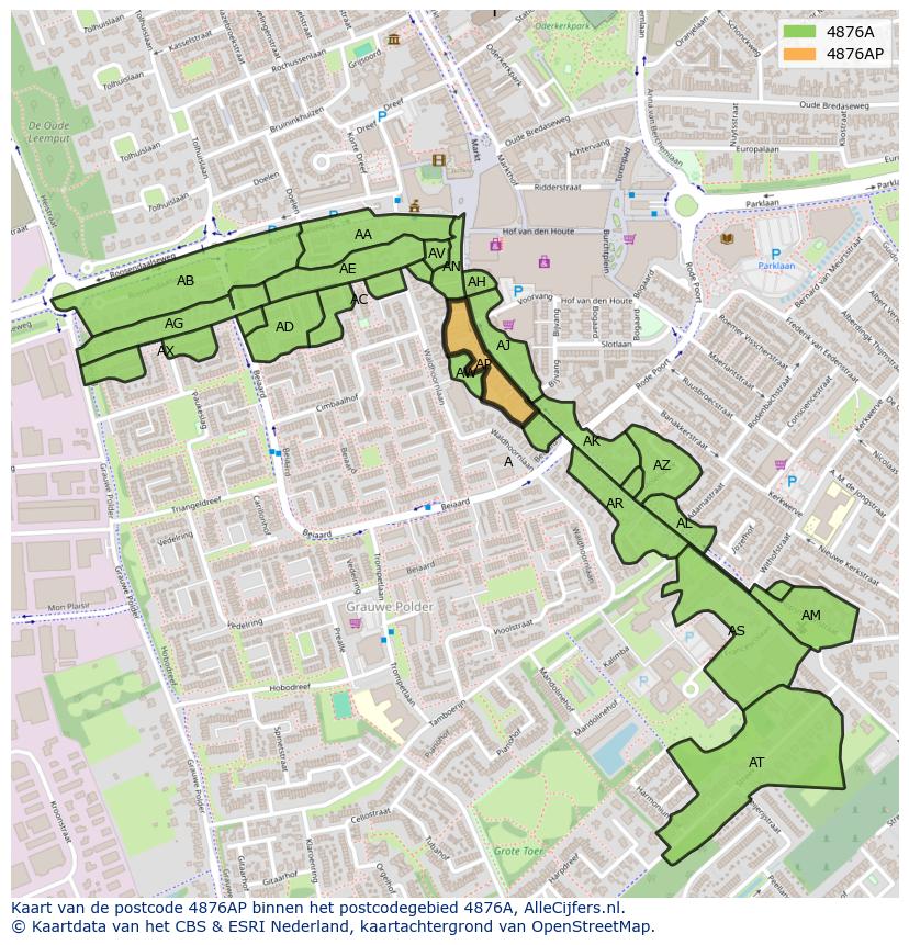 Afbeelding van het postcodegebied 4876 AP op de kaart.