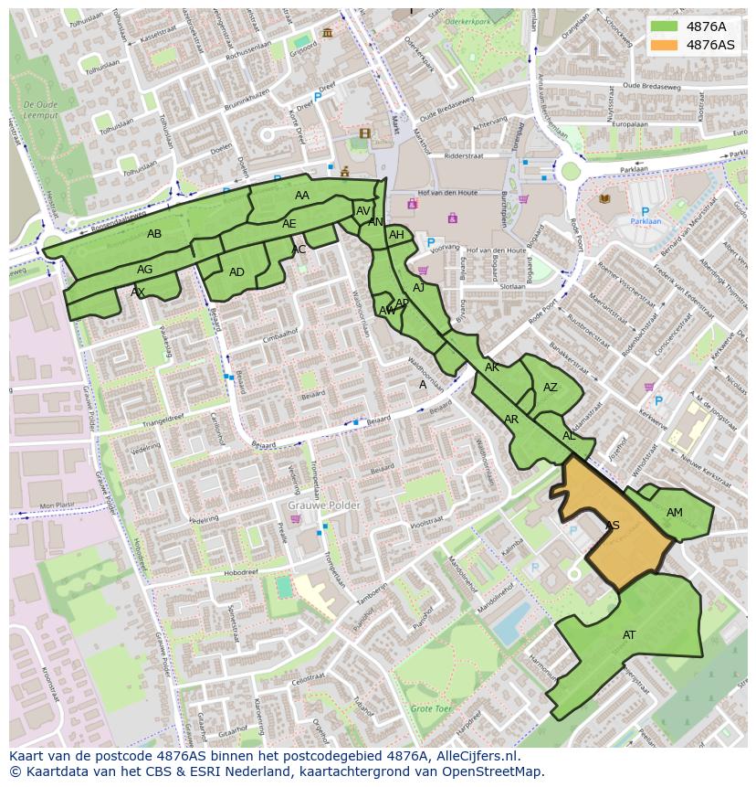 Afbeelding van het postcodegebied 4876 AS op de kaart.