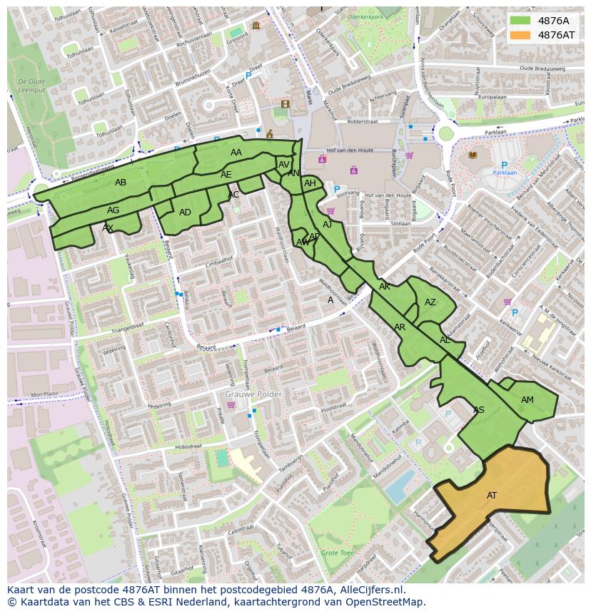 Afbeelding van het postcodegebied 4876 AT op de kaart.