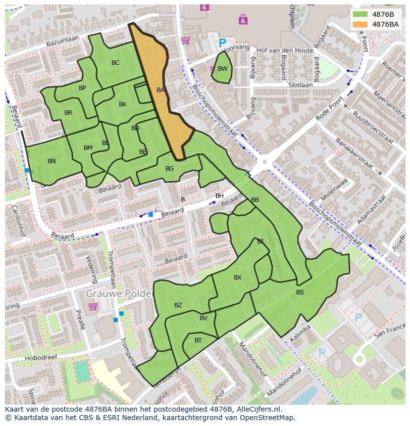 Afbeelding van het postcodegebied 4876 BA op de kaart.