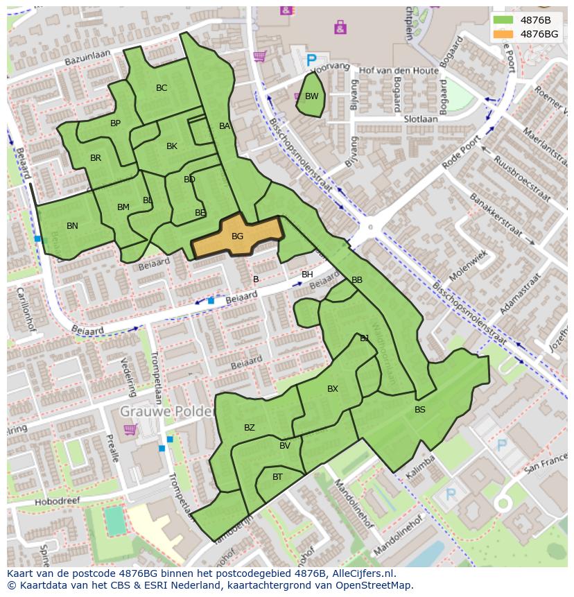 Afbeelding van het postcodegebied 4876 BG op de kaart.