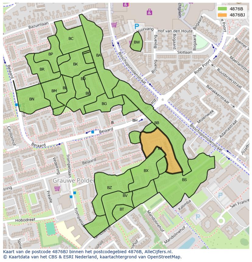 Afbeelding van het postcodegebied 4876 BJ op de kaart.