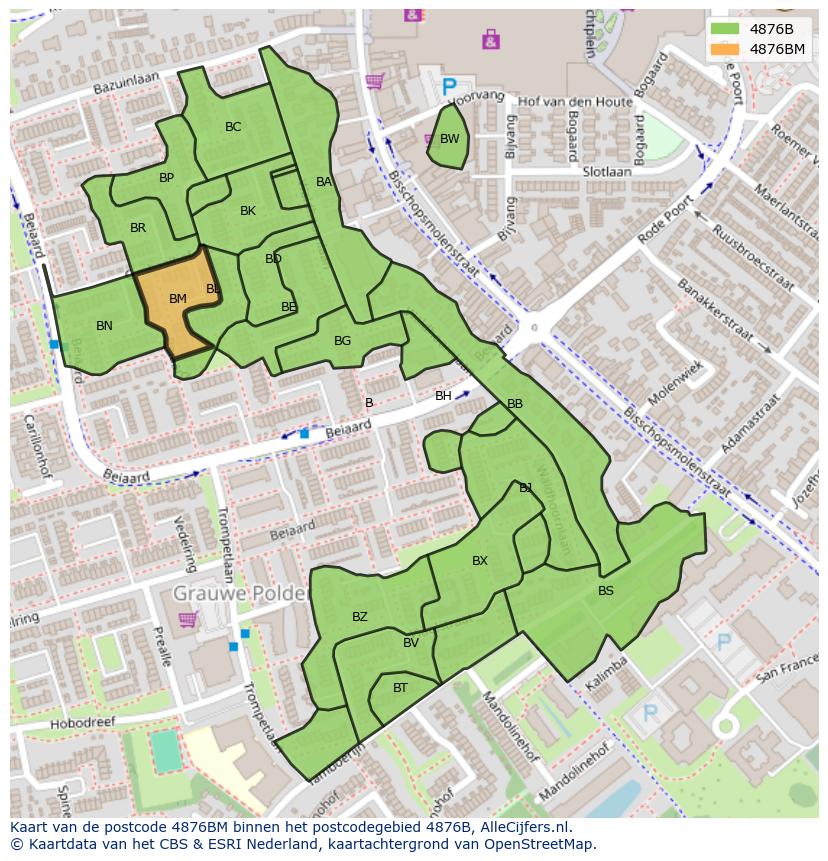 Afbeelding van het postcodegebied 4876 BM op de kaart.