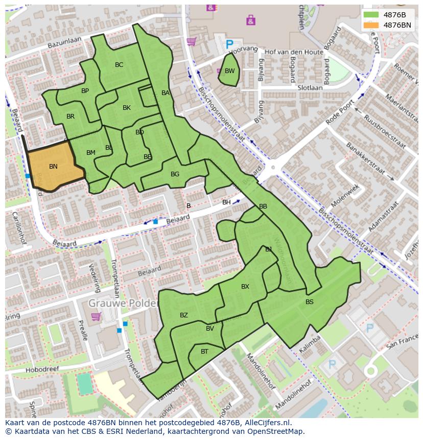 Afbeelding van het postcodegebied 4876 BN op de kaart.