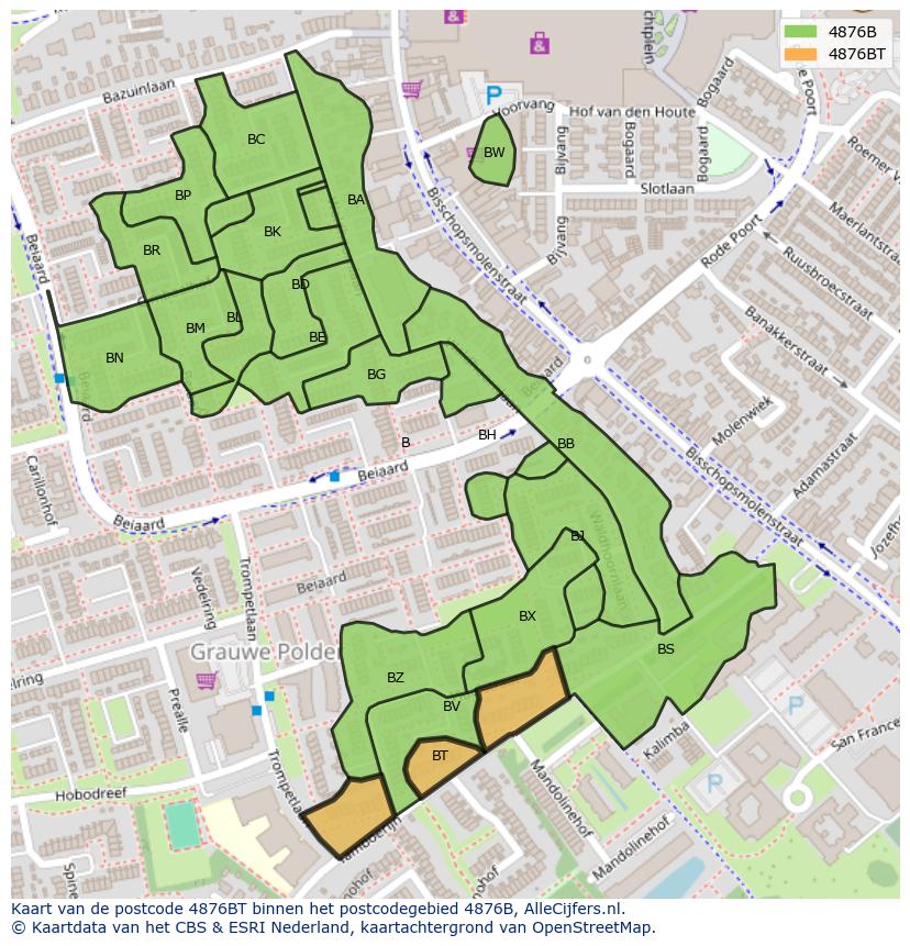 Afbeelding van het postcodegebied 4876 BT op de kaart.