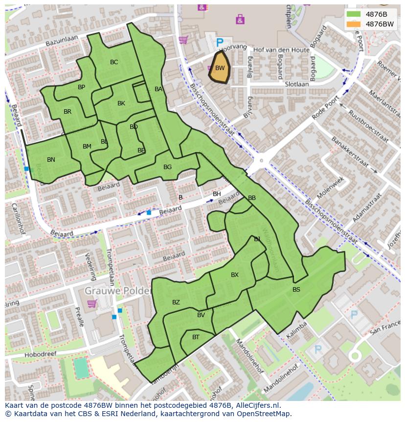 Afbeelding van het postcodegebied 4876 BW op de kaart.